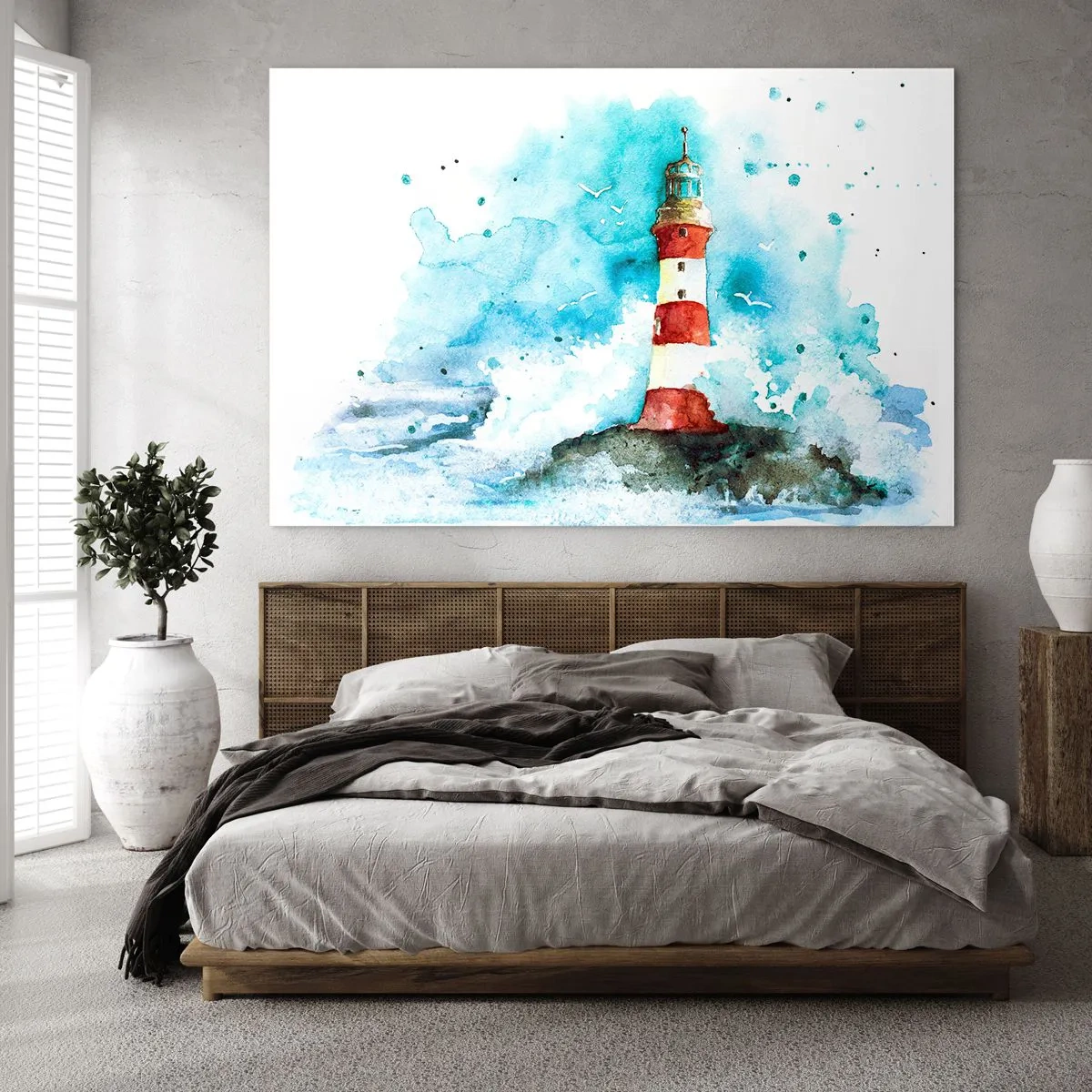Impression sur verre - Image sur verre - Un phare entouré de vagues de la mer dans un style aquarelle - 100x70cm - Unité des éléments - Décoration murale moderne pour le salon et la chambre ARTTOR