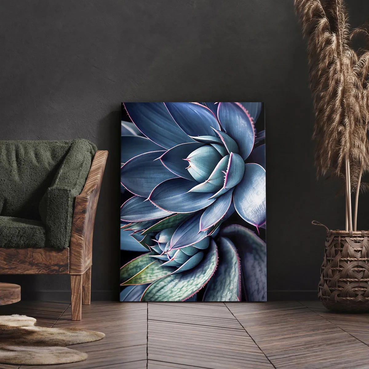Impression sur toile - Image sur toile - Agave dans des tons de bleu et de vert avec des accents roses - 50x70cm - Force vital - Décoration murale moderne pour le salon et la chambre ARTTOR