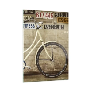 Impression sur verre - Image sur verre - Un vieux vélo contre un mur avec des plaques d'immatriculation - 50x70cm - Pas de complexes - Décoration murale moderne pour le salon et la chambre ARTTOR