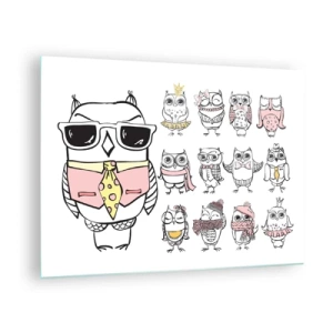 Impression sur verre - Image sur verre - Dessins amusants de hiboux dans différents styles - 70x50cm - Tant de rôles à jouer - Décoration murale moderne pour le salon et la chambre ARTTOR