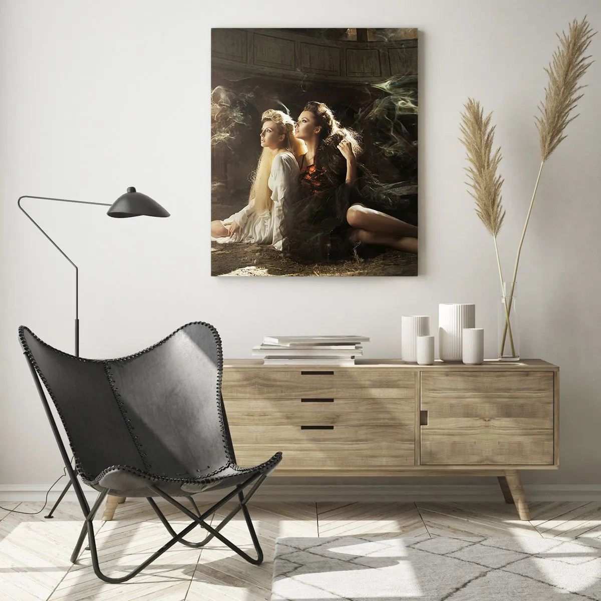 Impression sur verre - Image sur verre - Deux femmes dans un décor magique avec des effets de lumière éthérés. - 70x100cm - Et il y a eu la poésie - Décoration murale moderne pour le salon et la chambre ARTTOR