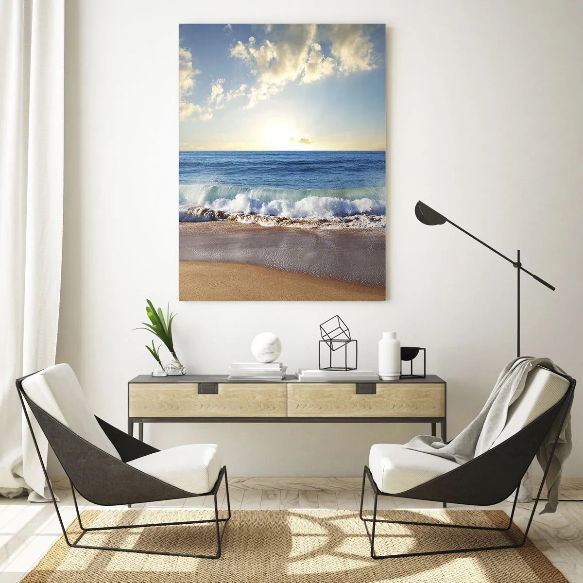 Impression sur verre - Image sur verre - Une plage ensoleillée avec des vagues s'écrasant sur le rivage - 80x120cm - Mouvement et immobilité à la fois - Décoration murale moderne pour le salon et la chambre ARTTOR