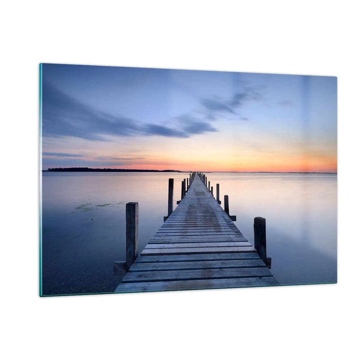 Impression sur verre - Image sur verre - Une jetée en bois sur un lac calme au coucher du soleil - 120x80cm - Le calme d'un crépuscule serein - Décoration murale moderne pour le salon et la chambre ARTTOR