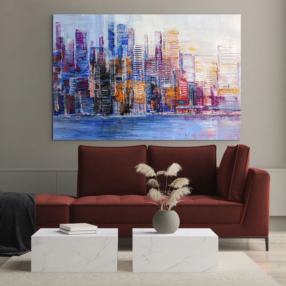 Impression sur verre - Image sur verre - Un panorama coloré de la ville peint avec des coups de pinceau - 70x50cm - Une métropole joyeuse - Décoration murale moderne pour le salon et la chambre ARTTOR