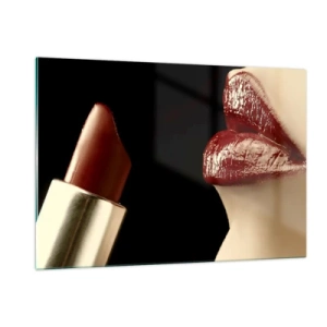 Impression sur verre - Image sur verre - Lèvres sensuelles avec du rouge à lèvres cramoisi sur fond sombre - 120x80cm - Sensualité et brillance du carmin - Décoration murale moderne pour le salon et la chambre ARTTOR