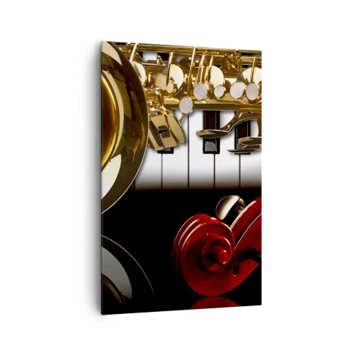 Impression sur toile - Image sur toile - Un saxophone doré, des touches de piano et un violon rouge - 80x120cm - Tôle, bois et ivoire - Décoration murale moderne pour le salon et la chambre ARTTOR