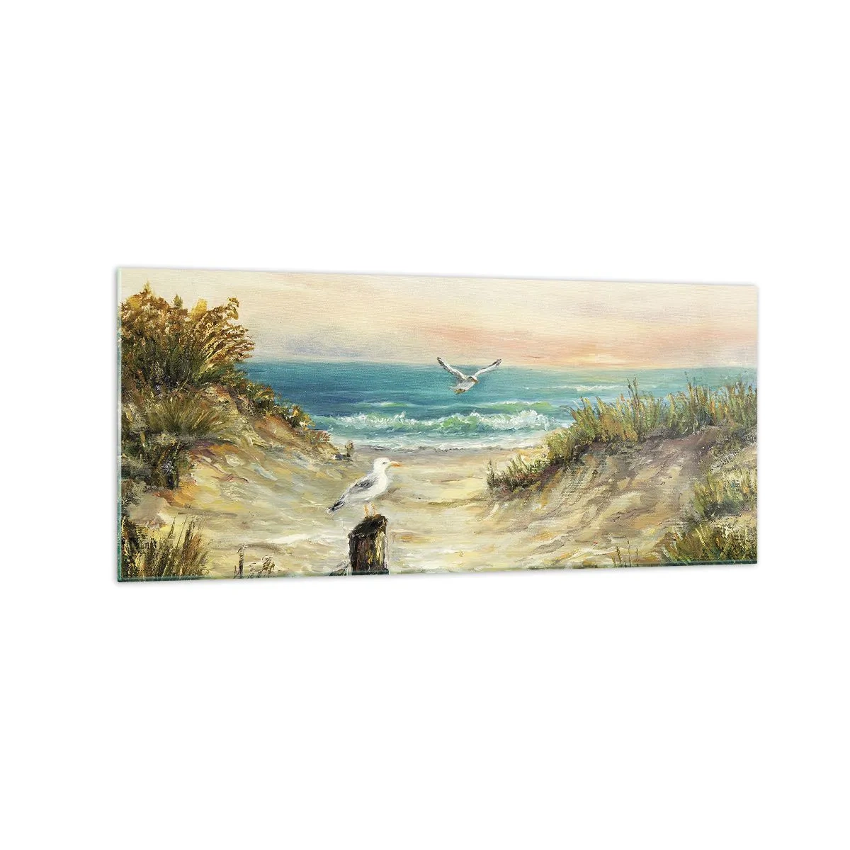 Impression sur verre - Image sur verre - Côte avec mouettes et dunes au coucher du soleil - 120x50cm - Retraite au calme - Décoration murale moderne pour le salon et la chambre ARTTOR