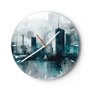Horloge murale - Pendule murale - Un panorama de la ville dans un style pictural aux tons froids - 30x30cm - Une ville couleur de pluie - Décoration murale moderne pour le salon, la cuisine et la chambre ARTTOR