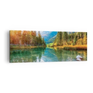Impression sur toile - Image sur toile - Un lac pittoresque entouré de montagnes et de forêts - 140x50cm - Douceur automnale - Décoration murale moderne pour le salon et la chambre ARTTOR