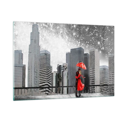 Impression sur verre - Image sur verre - Un couple avec un parapluie rouge debout devant un paysage urbain la nuit - 120x80cm - L'homme n'est pas une pierre - Décoration murale moderne pour le salon et la chambre ARTTOR