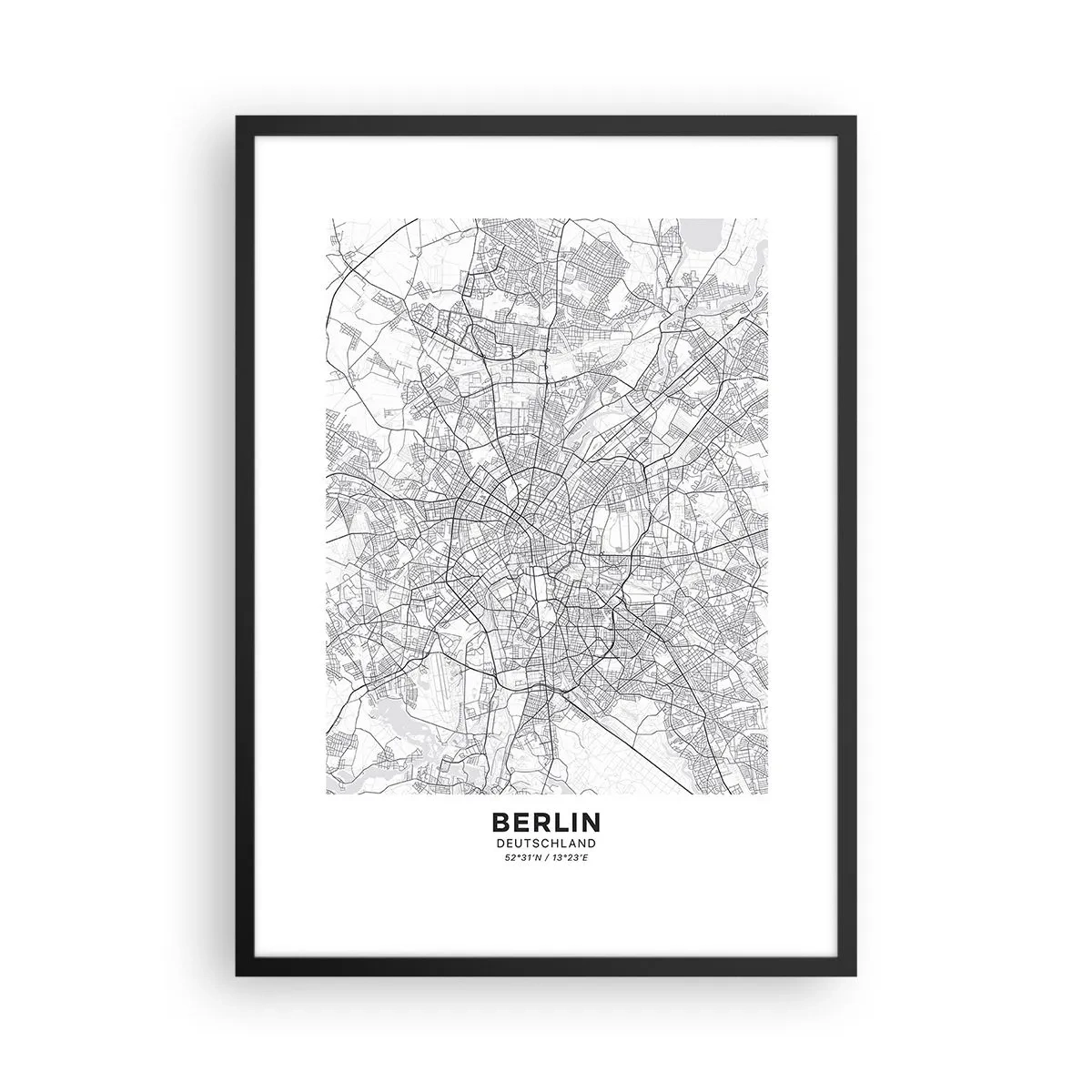 Affiche dans un cadre noir - Poster - Une carte en noir et blanc de Berlin avec des rues précisément cartographiées. - 50x70cm - Fleur de Berlin - Décoration murale moderne pour le salon et la chambre ARTTOR