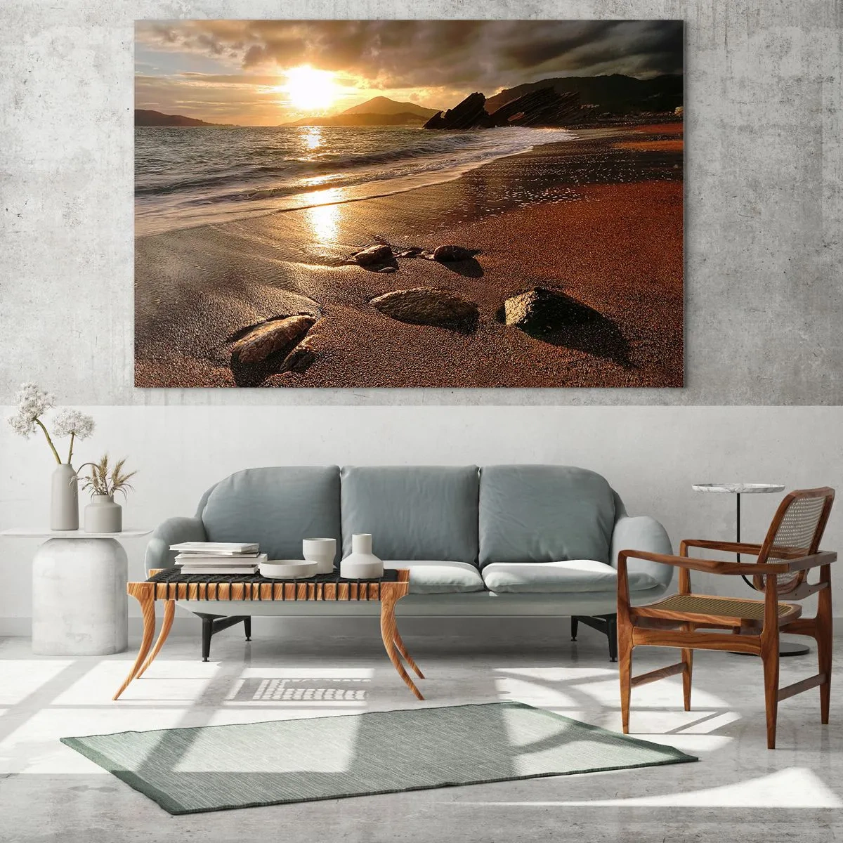 Impression sur verre - Image sur verre - Coucher de soleil sur une plage rocheuse et des collines - 100x70cm - Suivez le soleil sur les collines - Décoration murale moderne pour le salon et la chambre ARTTOR
