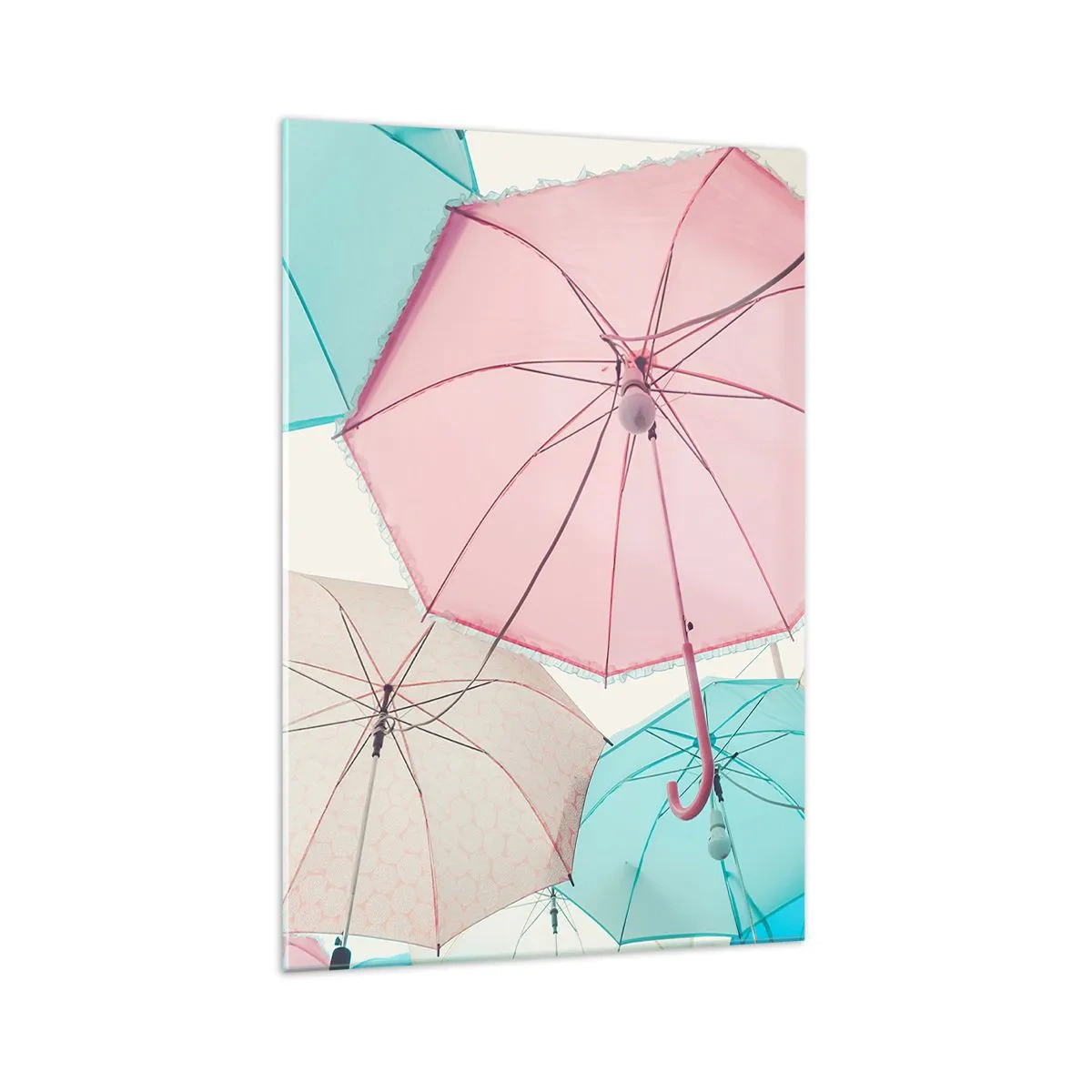 Impression sur verre - Image sur verre - Parapluies pastel contre un ciel lumineux - 70x100cm - Parfois le soleil, parfois la pluie - Décoration murale moderne pour le salon et la chambre ARTTOR