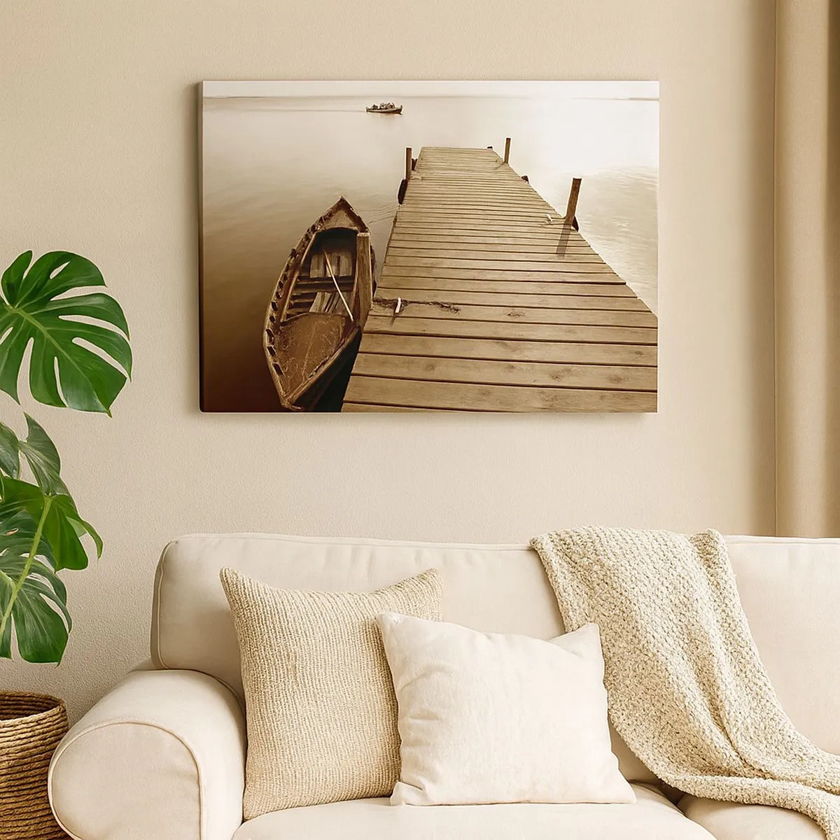Impression sur toile - Image sur toile - Jetée en bois et bateau sur un lac calme - 70x50cm - Le grand silence - Décoration murale moderne pour le salon et la chambre ARTTOR