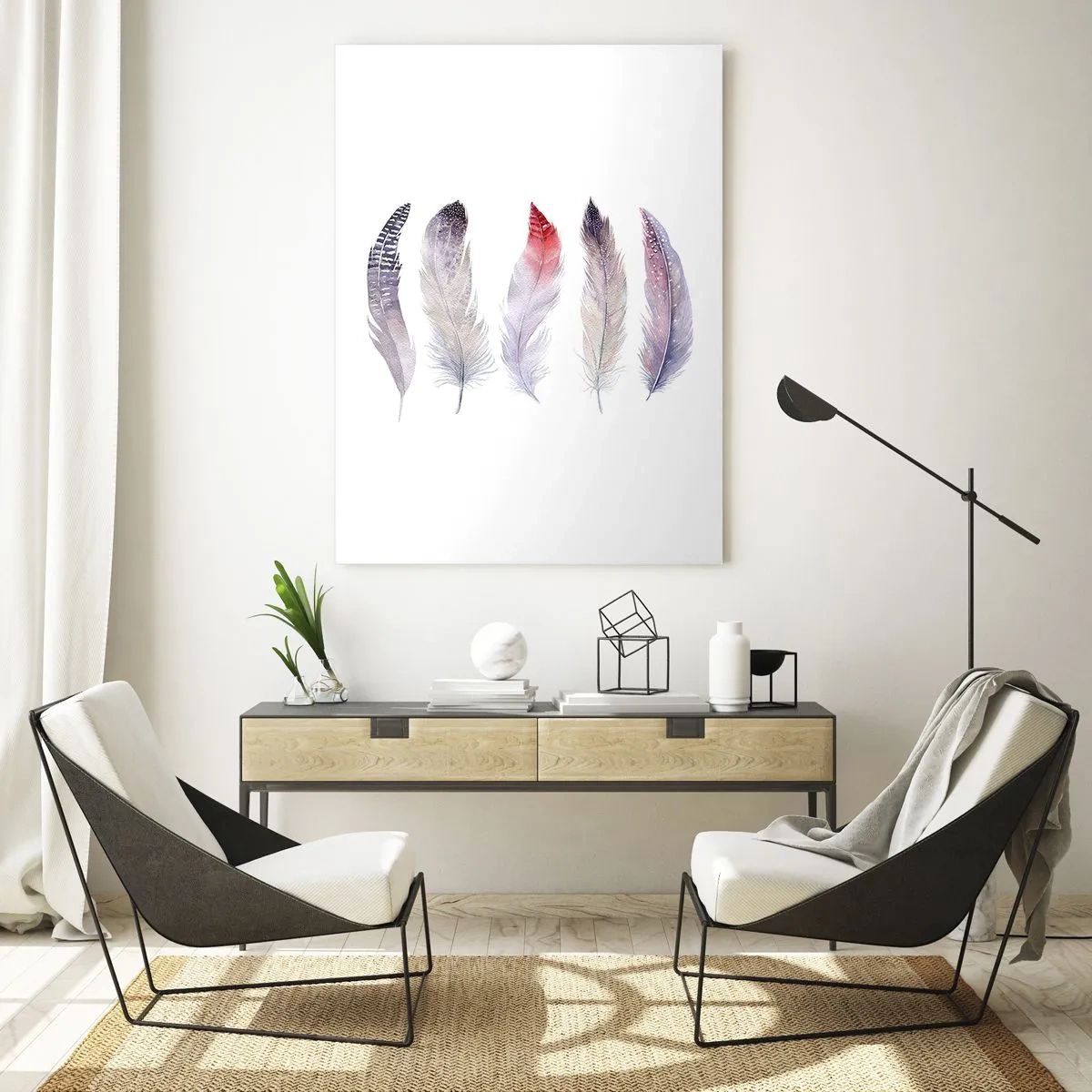 Impression sur verre - Image sur verre - Cinq plumes délicates aux tons pastel sur fond clair - 70x100cm - Délicat comme un brouillard multicolore - Décoration murale moderne pour le salon et la chambre ARTTOR