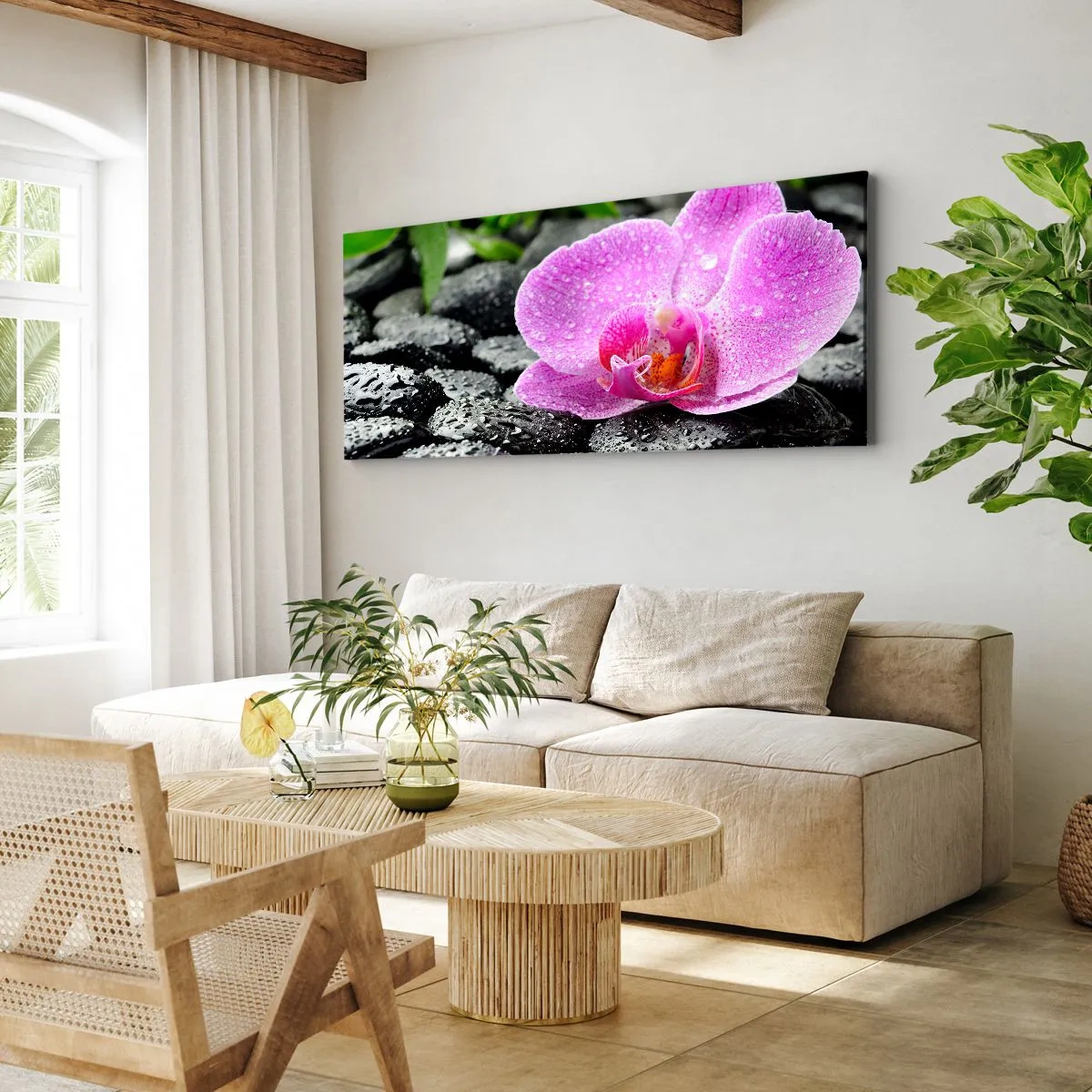 Impression sur toile - Image sur toile - Orchidée rose sur des pierres noires humides avec des feuilles vertes - 120x50cm - Comme un coeur ouvert - Décoration murale moderne pour le salon et la chambre ARTTOR