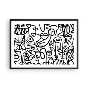 Affiche dans un cadre noir - Poster - Dessins abstraits en noir et blanc avec des motifs faciaux - 70x50cm - Visages et mirages - Décoration murale moderne pour le salon et la chambre ARTTOR