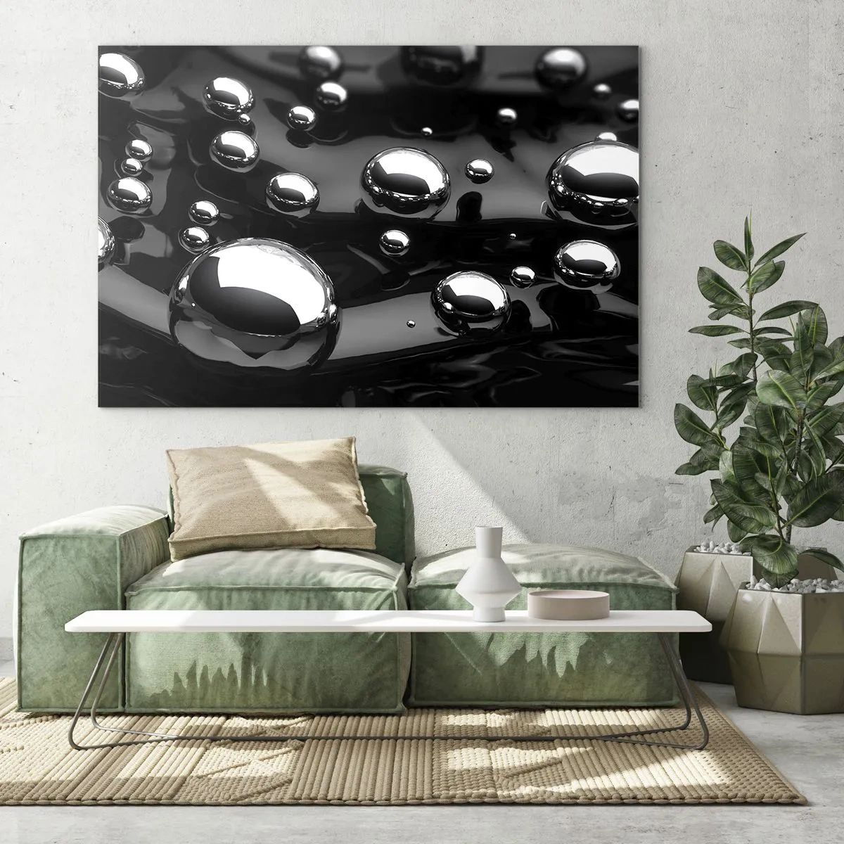 Impression sur verre - Image sur verre - Gouttes métalliques sur une surface noire - 120x80cm - D'un ton noir - Décoration murale moderne pour le salon et la chambre ARTTOR