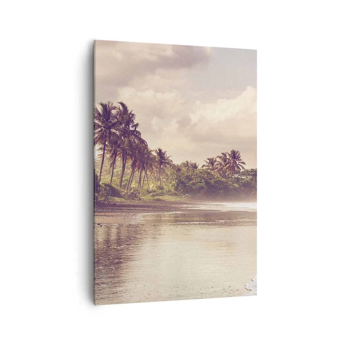 Impression sur toile - Image sur toile - Une plage avec des palmiers et des vagues douces le matin - 70x100cm - La caresse des vagues - Décoration murale moderne pour le salon et la chambre ARTTOR