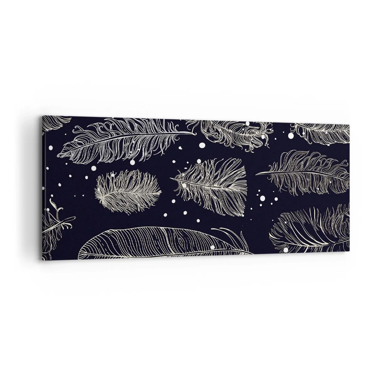 Impression sur toile - Image sur toile - Plumes blanches délicates sur fond bleu marine - 120x50cm - Toile de plumes - Décoration murale moderne pour le salon et la chambre ARTTOR