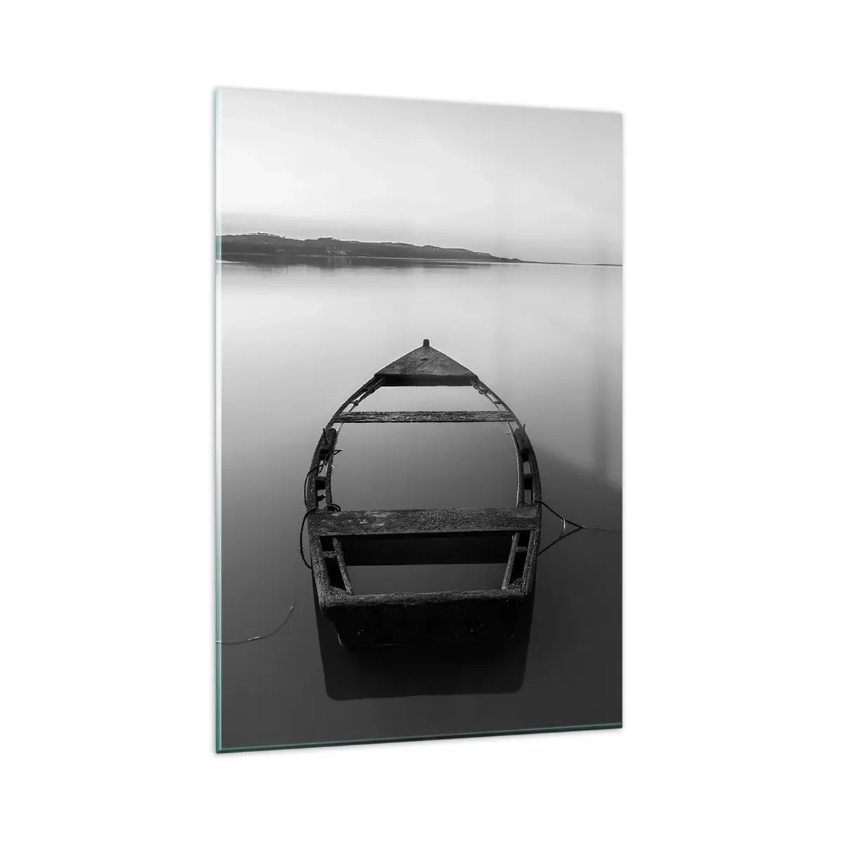 Impression sur verre - Image sur verre - Un bateau solitaire sur un lac calme dans des tons de noir et blanc - 80x120cm - Nostalgie et mélancolie - Décoration murale moderne pour le salon et la chambre ARTTOR