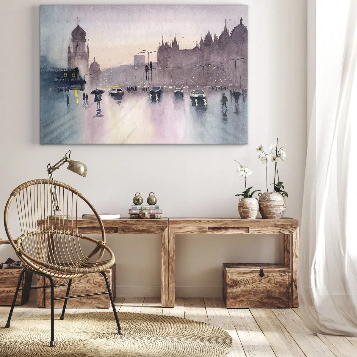 Impression sur toile - Image sur toile - Une rue de la ville au crépuscule dans un style aquarelle - 70x50cm - Dans une brume pluvieuse - Décoration murale moderne pour le salon et la chambre ARTTOR