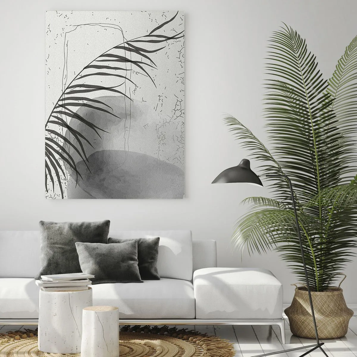 Impression sur verre - Image sur verre - Graphique d'ombre de feuille de palmier en noir et blanc - 50x70cm - L'exotisme subtil de la nature - Décoration murale moderne pour le salon et la chambre ARTTOR