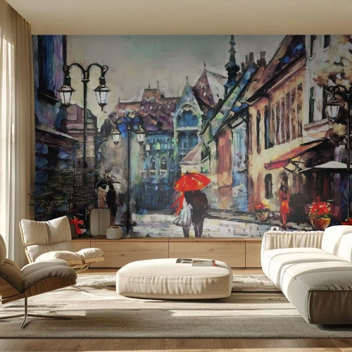 Papier Peint Photo Standard Eco - Rue romantique sous la pluie avec un parapluie rouge - 100x70cm - Pluie pour deux - Décoration murale moderne pour le salon et la chambre ARTTOR