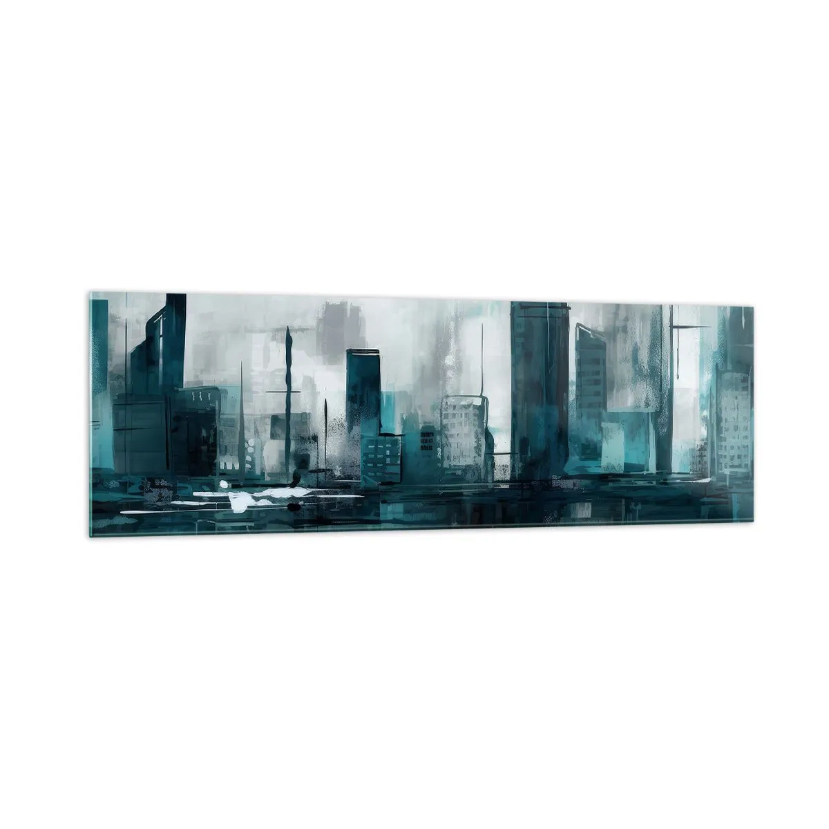 Impression sur verre - Image sur verre - Une ville moderne aux tons turquoise et gris - 160x50cm - Une ville couleur de pluie - Décoration murale moderne pour le salon et la chambre ARTTOR