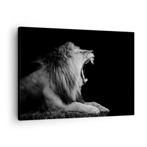 Impression sur toile - Image sur toile - Un lion rugissant sur fond noir dans des tons noir et blanc - 70x50cm - Sans aucun doute - Décoration murale moderne pour le salon et la chambre ARTTOR