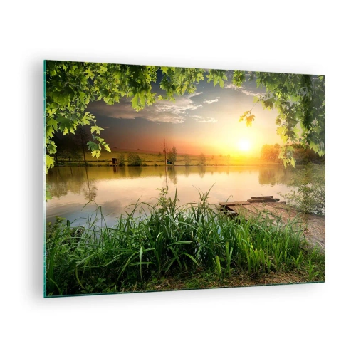Impression sur verre - Image sur verre - Paysage avec un lac entouré de verdure au coucher du soleil - 70x50cm - Paysage dans un cadre verdoyant - Décoration murale moderne pour le salon et la chambre ARTTOR