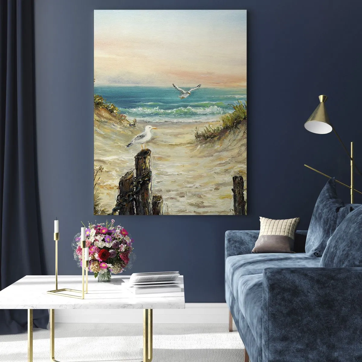 Impression sur verre - Image sur verre - Côte avec mouettes et dunes au coucher du soleil - 70x100cm - Retraite au calme - Décoration murale moderne pour le salon et la chambre ARTTOR