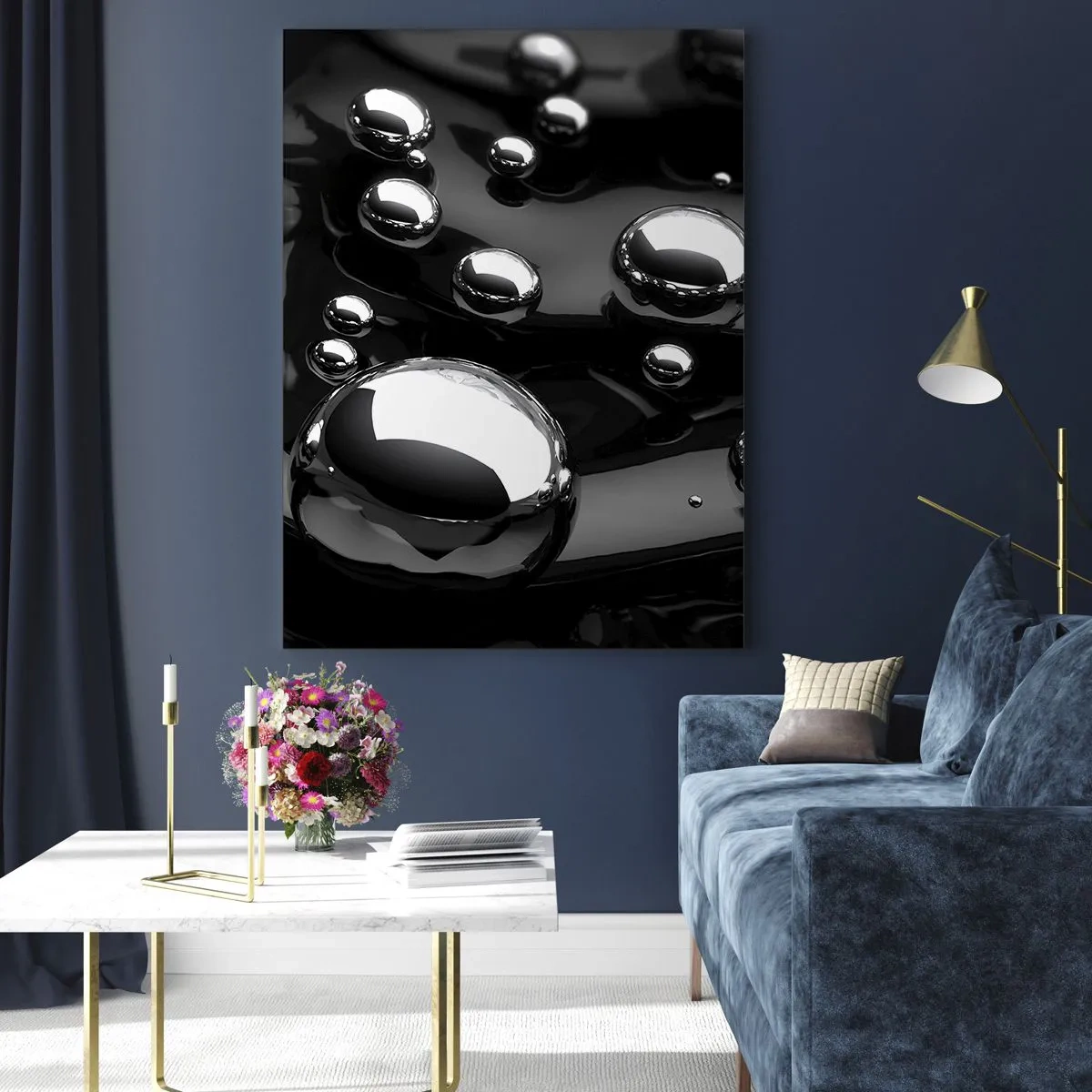 Impression sur verre - Image sur verre - Gouttes métalliques sur une surface noire - 50x70cm - D'un ton noir - Décoration murale moderne pour le salon et la chambre ARTTOR