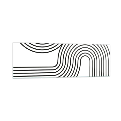 Impression sur verre - Image sur verre - Une peinture abstraite avec des lignes noires créant des motifs géométriques sur un fond blanc. - 160x50cm - En plein virage - Décoration murale moderne pour le salon et la chambre ARTTOR