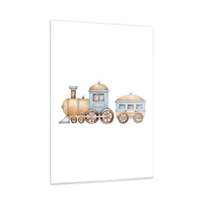 Impression sur verre - Image sur verre - Illustration d'un train à vapeur dans les tons bleu et beige sur fond blanc - 50x70cm - Il est à la gare... - Décoration murale moderne pour le salon et la chambre ARTTOR