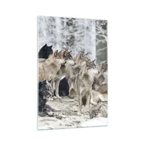 Impression sur verre - Image sur verre - Une meute de loups dans la forêt d'hiver - 70x100cm - Famille et amis - Décoration murale moderne pour le salon et la chambre ARTTOR