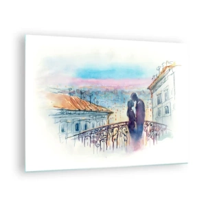 Impression sur verre - Image sur verre - Couple sur un balcon profitant d'un coucher de soleil romantique - 70x50cm - Amoureux de Paris - Décoration murale moderne pour le salon et la chambre ARTTOR