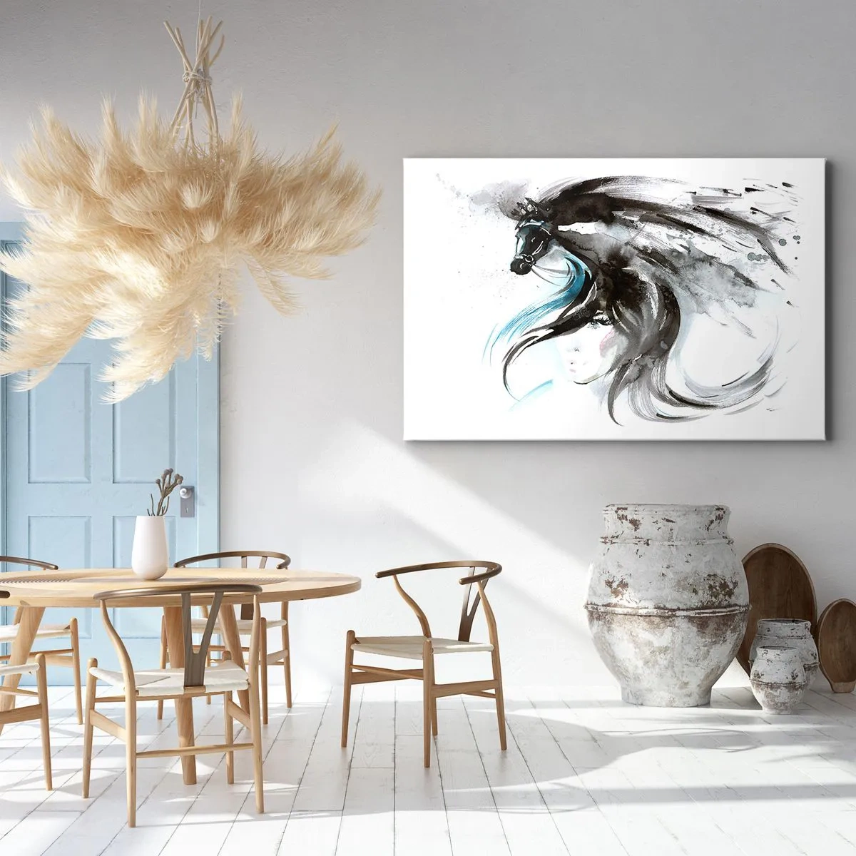 Impression sur toile - Image sur toile - Une femme et un cheval dans une aquarelle mystique pleine de dynamique - 120x80cm - Galop du prince noir - Décoration murale moderne pour le salon et la chambre ARTTOR