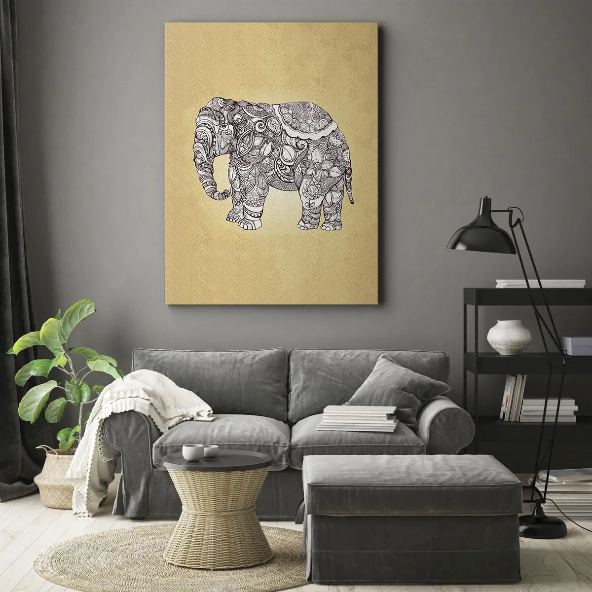 Impression sur toile - Image sur toile - Éléphant dessiné à la main avec un motif orné sur un fond beige - 80x120cm - L'éléphant s'est apprêté - Décoration murale moderne pour le salon et la chambre ARTTOR