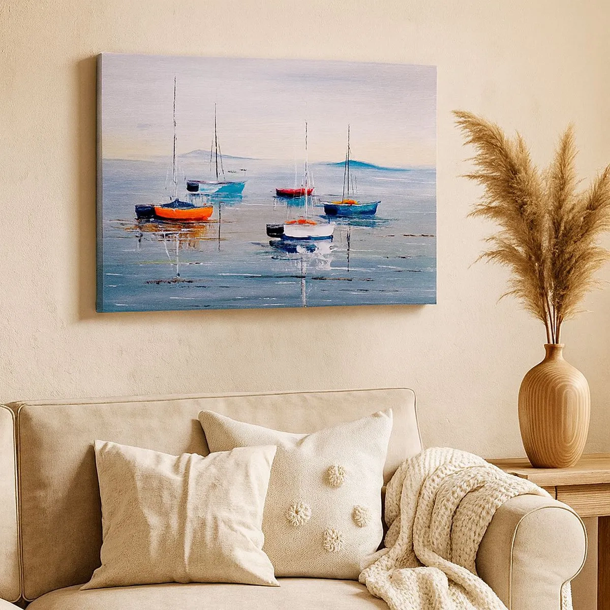Impression sur toile - Image sur toile - Bateaux colorés sur une eau calme - 70x50cm - Un repos bien mérité - Décoration murale moderne pour le salon et la chambre ARTTOR