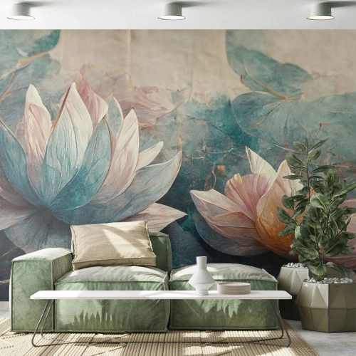 Papier peint sur mesure Premium Sand - Les étoiles du lac - Fleurs, Art Déco, Lotus