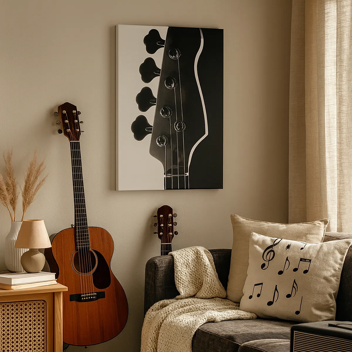 Impression sur toile - Image sur toile - Silhouette noire et blanche d'une tête de guitare basse - 50x70cm - Silence de roche - Décoration murale moderne pour le salon et la chambre ARTTOR