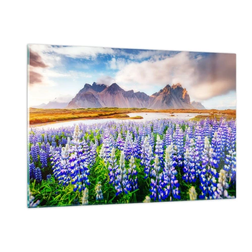 Impression sur verre - Image sur verre - Un paysage de montagne avec une prairie fleurie et des sommets majestueux - 120x80cm - La force et l'austérité côtoient la douceur - Décoration murale moderne pour le salon et la chambre ARTTOR