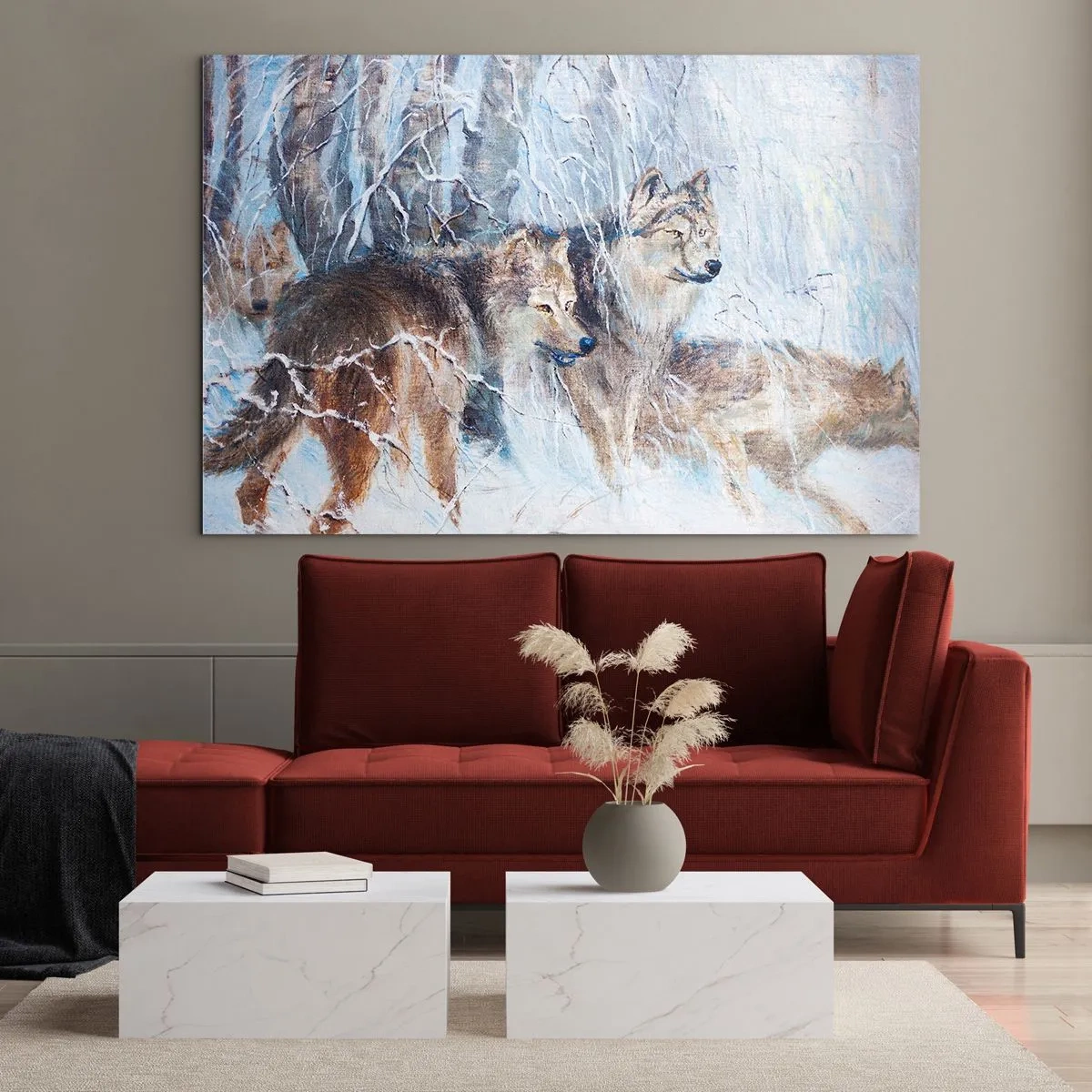 Impression sur verre - Image sur verre - Trois loups dans une forêt hivernale entourée de neige - 70x50cm - Attention! Ca arrive ... - Décoration murale moderne pour le salon et la chambre ARTTOR