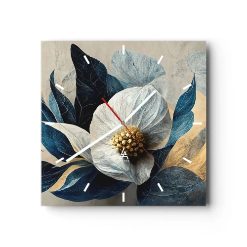 Horloge murale - Pendule murale - Une fleur aux feuilles bleues sur un fond élégant - 30x30cm - Il a un coeur d'or - Décoration murale moderne pour le salon et la chambre ARTTOR