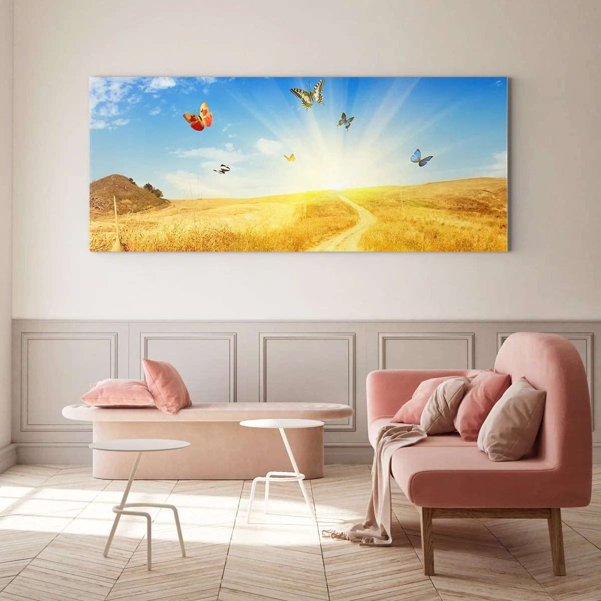 Impression sur verre - Image sur verre - Un champ doré, un chemin et des papillons contre un ciel bleu - 120x50cm - Et comment ne pas aimer l'été ? - Décoration murale moderne pour le salon et la chambre ARTTOR