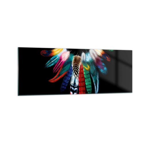 Impression sur verre - Image sur verre - Plumes colorées sur fond noir dans une composition artistique - 140x50cm - Collier indien - Décoration murale moderne pour le salon et la chambre ARTTOR
