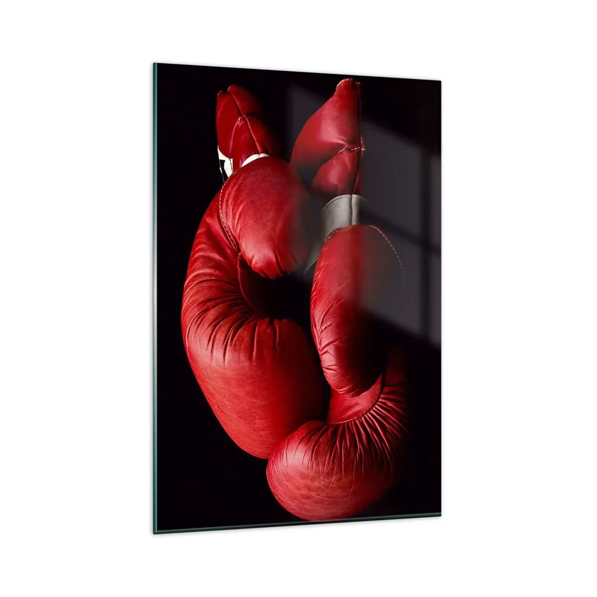 Impression sur verre - Image sur verre - Gants de boxe rouges sur fond noir - 80x120cm - Les émotions du combat sont derrière nous - Décoration murale moderne pour le salon et la chambre ARTTOR