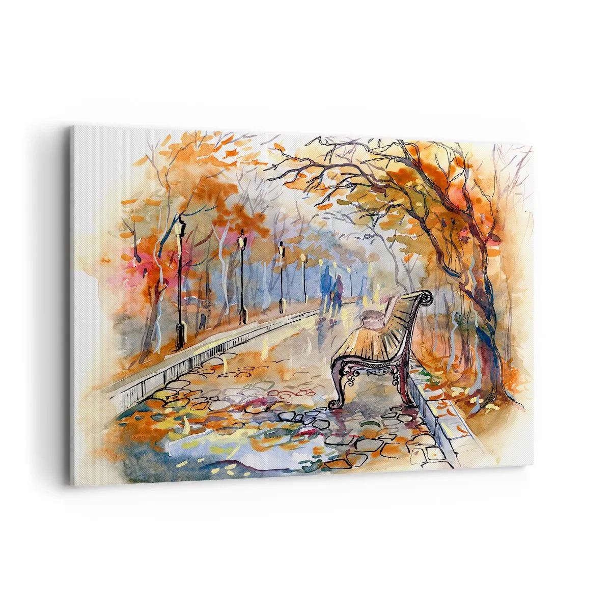 Impression sur toile - Image sur toile - Un parc d'automne avec un banc à l'aquarelle - 120x80cm - Errer ensemble à l'automne - Décoration murale moderne pour le salon et la chambre ARTTOR