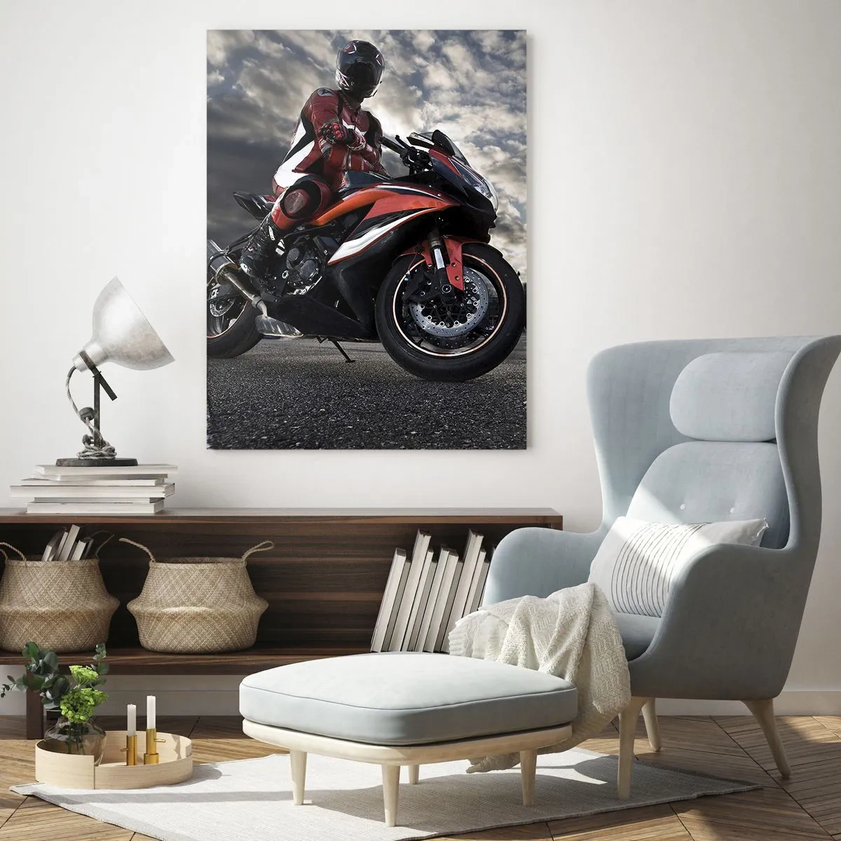 Impression sur verre - Image sur verre - Un motocycliste sur une moto de sport contre un ciel nuageux - 70x100cm - Cavalier noir - Décoration murale moderne pour le salon et la chambre ARTTOR
